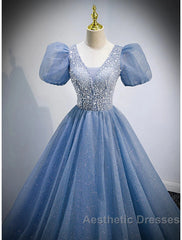 A-Line Evening Prom Dresses Puffy Dresses Quinceanera Floor Length Short Sleeve V Neck Tulle With Sequin