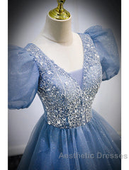 A-Line Evening Prom Dresses Puffy Dresses Quinceanera Floor Length Short Sleeve V Neck Tulle With Sequin