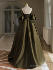 A-Line Puff Sleeves Olive Green Satin Long Prom Dress, Olive Green Long Evening Dress