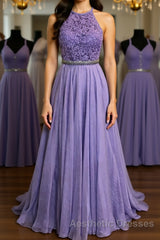 A Line Purple Lace Long Evening Prom Dresses with Belt, Purple Lace Formal Dresses, Purple Evening Dresses, Bridesmaid Dresses