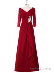 A Line Red Full Sleeve V-Neck Long Mother of the Bride Dressess