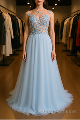 A Line Round Neck Baby Blue Lace Long Evening Prom Dresses with Butterfly, Baby Blue Lace Formal Graduation Evening Dresses
