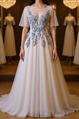 A Line Round Neck Half Sleeves Gray Lace Evening Prom Dresses, Gray Floral Long Formal Evening Dresses