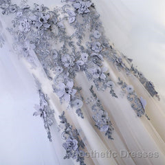 A Line Round Neck Half Sleeves Gray Lace Evening Prom Dresses, Gray Floral Long Formal Evening Dresses