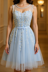 A Line Round Neck Lace Blue Short Evening Prom Dresses, Short Blue Lace Formal Graduation Homecoming Dresses