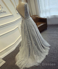 A Line Round Neck Lace Grey Evening Prom Dresses, Lace Grey Formal Dresses