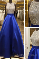 A Line Round Neck Sequins Backless Royal Blue Evening Prom Dresses, Royal Blue Formal Dresses, Backless Royal Blue Evening Dresses