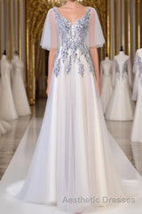 A Line Round Neck Short Sleeves Lace Evening Prom Dresses With Appliques, Lace Formal Dresses