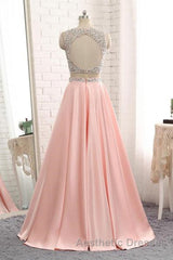 A Line Round Neck Two Pieces Beaded Pink Evening Prom Dresses, Two Pieces Pink Formal Dresses, Pink Evening Dresses