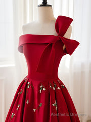 A-Line Satin Burgundy Short Prom Dress, Burgundy Homecoming Dress with Beading