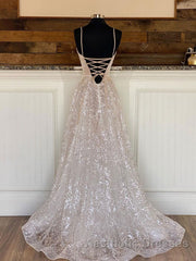 A line sequin long Evening Prom Dresses, Champagne sequin evening Dresses