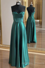A-Line Silk Like Emerald Green Satin Evening Prom Dresses Ruched Pleated
