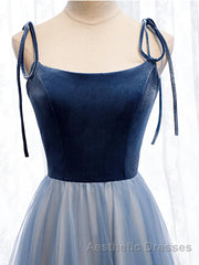 A Line Sleeveless Floor Length Blue Evening Prom Dresses, Blue Long Formal Bridesmaid Evening Dresses