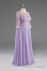 Lilac A-Line 3/4 Sleeves Scoop Lace Evening Prom Dresses