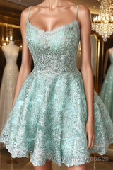 A-Line Spaghetti Straps Backless Mint Green Lace Short Evening Prom Dresses, Backless Mint Green Lace Formal Graduation Homecoming Dresses
