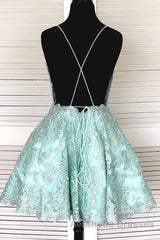 A-Line Spaghetti Straps Backless Mint Green Lace Short Evening Prom Dresses, Backless Mint Green Lace Formal Graduation Homecoming Dresses