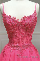 A Line Spaghetti Straps Beaded Pink Lace Long Evening Prom Dresses, Pink Lace Formal Dresses, Pink Tulle Evening Dresses
