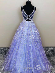 Lavender Spaghetti Straps Lace Floral A-line Formal Gowns Long Evening Prom Dresses
