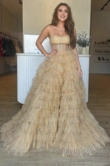 A Line Strapless Corset Glitter Tulle Evening Prom Dresses with Ruffles