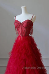 A-Line Sweetheart Neck Tulle Beads Burgundy Long Evening Prom Dresses