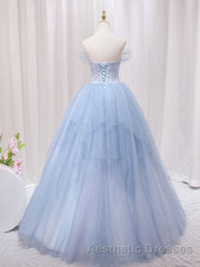 A-Line Sweetheart Neck Tulle Lace Blue Long Evening Prom Dresses, Blue Formal Evening Dresses