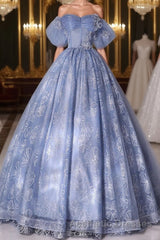 A-Line Sweetheart Neck Tulle Lace Long Evening Prom Dresses, Blue Sweet 16 Dresses