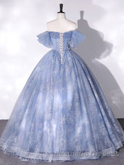 A-Line Sweetheart Neck Tulle Lace Long Evening Prom Dresses, Blue Sweet 16 Dresses