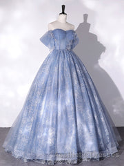 A-Line Sweetheart Neck Tulle Lace Long Evening Prom Dresses, Blue Sweet 16 Dresses