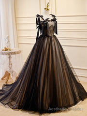 A-Line Tulle Lace Black Long Prom Dress, Black Formal Evening Dresses