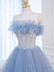 A-Line Tulle Lace Blue Long Evening Prom Dresses, Blue Lace Long Formal Dresses