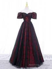 A-Line Tulle Lace Burgundy Long Prom Dress, Burgundy Long Formal Dress