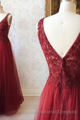 A Line V Neck and V Back Long Beading Lace Burgundy Evening Prom Dresses, Lace Burgundy Formal Graduation Evening Dresses
