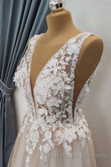 A Line V Neck Appliques Lace Evening Prom Dresses, Lace Formal Graduation Evening Dresses