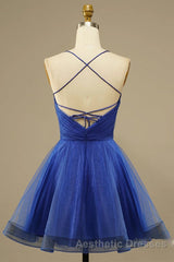 A Line V Neck Backless Blue Tulle Evening Prom Dresses, Backless Blue Homecoming Dresses, Short Blue Formal Evening Dresses