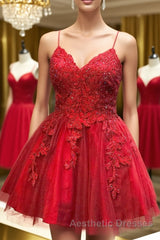 A Line V Neck Backless Lace Red Short Evening Prom Dresses Homecoming Dresses, Backless Red Lace Formal Graduation Evening Dresses