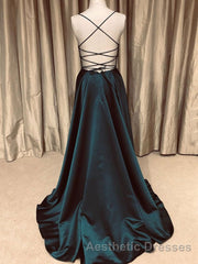 A Line V Neck Backless Long Evening Prom Dresses Simple Dark Green Formal Evening Prom Gowns
