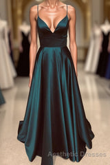 A Line V Neck Backless Long Evening Prom Dresses Simple Dark Green Formal Evening Prom Gowns