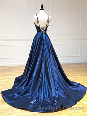 A Line V Neck Backless Navy Blue Evening Prom Dresses, Open Back Navy Blue Formal Evening Dresses