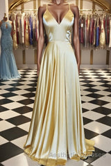 A Line V Neck Backless Yellow Satin Long Evening Prom Dresses, Yellow Backless Formal Dresses, Yellow Evening Dresses