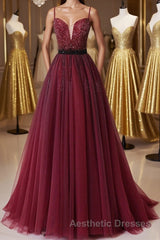A Line V Neck Beaded Burgundy Tulle Long Evening Prom Dresses, Beaded Burgundy Formal Graduation Evening Dresses