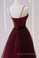 A Line V Neck Beaded Burgundy Tulle Long Evening Prom Dresses, Beaded Burgundy Formal Graduation Evening Dresses