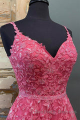 A Line V Neck Beaded Hot Pink Lace Long Evening Prom Dresses, Hot Pink Lace Formal Graduation Evening Dresses
