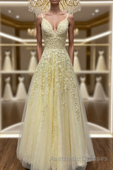 A Line V Neck Beaded Yellow Lace Tulle Long Evening Prom Dresses, Yellow Lace Formal Dresses, Beaded Yellow Evening Dresses