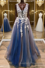 A Line V Neck Blue Lace Long Evening Prom Dresses, Long Blue Formal Evening Dresses