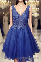 A Line V Neck Blue Lace Short Evening Prom Dresses, Blue Lace Homecoming Dresses, Short Blue Formal Evening Dresses