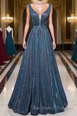 A-line V Neck Blue Long Evening Prom Dresses, Blue Formal Dresses