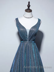 A-line V Neck Blue Long Evening Prom Dresses, Blue Formal Dresses