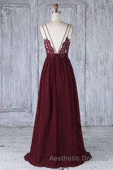 A Line V Neck Burgundy Chiffon Long Evening Prom Dresses with Lace Back, V Neck Lace Back Burgundy Formal Graduation Evening Dresses
