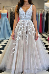 A Line V Neck Champagne Lace Evening Prom Dresses, Champagne Lace Formal Evening Dresses