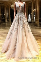 A Line V Neck Champagne Lace Evening Prom Dresses, V Neck Champagne Lace Formal Graduation Evening Dresses